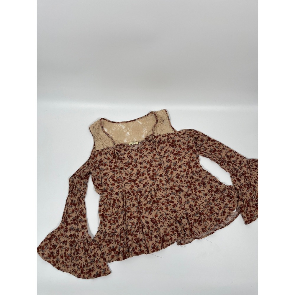 Womens Boho Chic Top S Beige Lace Floral Flare Sleeve Flowy Festival